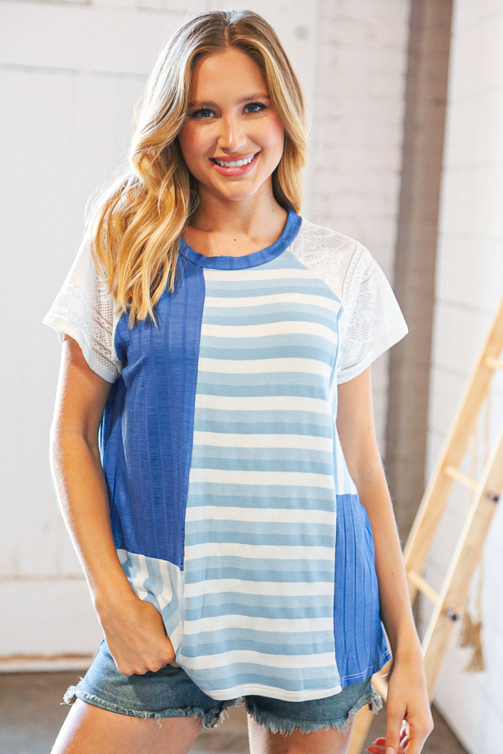 Lucky Stripe Blue Green Stripe Set Top