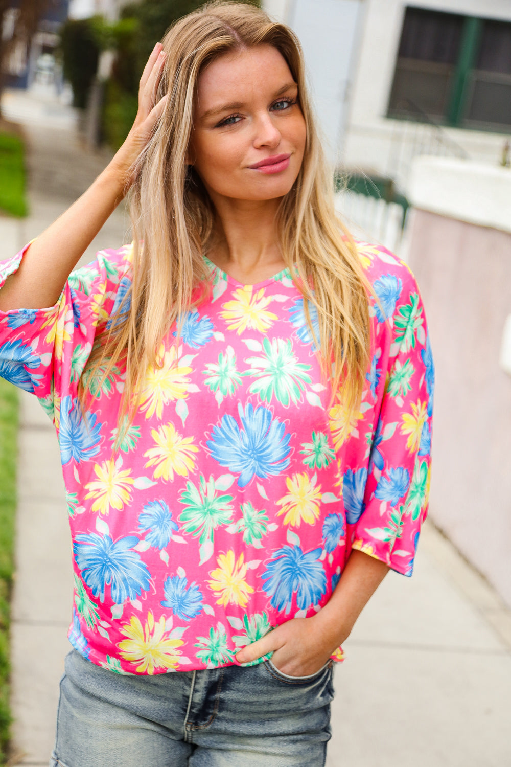Colorblock Knit And Floral Print Mixed Top With Dolman Sleeve