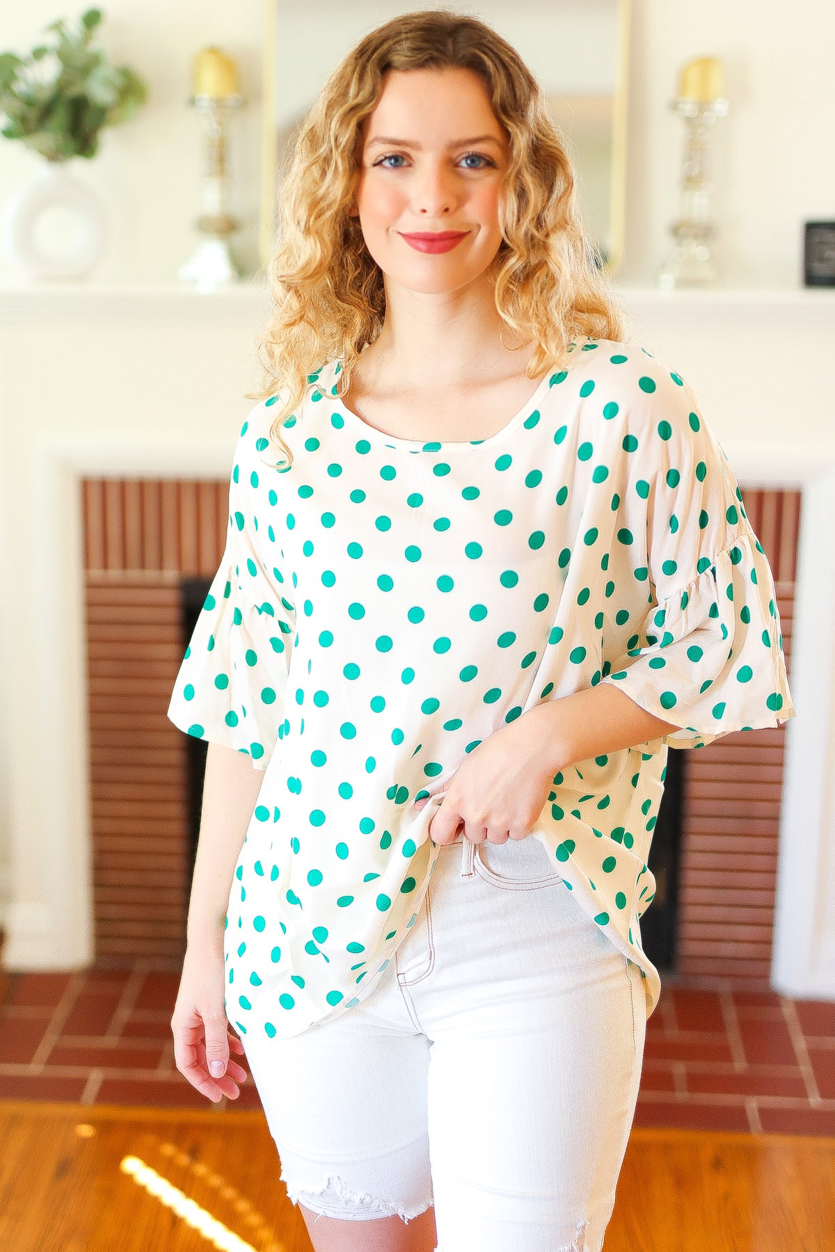Polka Dot Romantic Cotton Blouse Green
