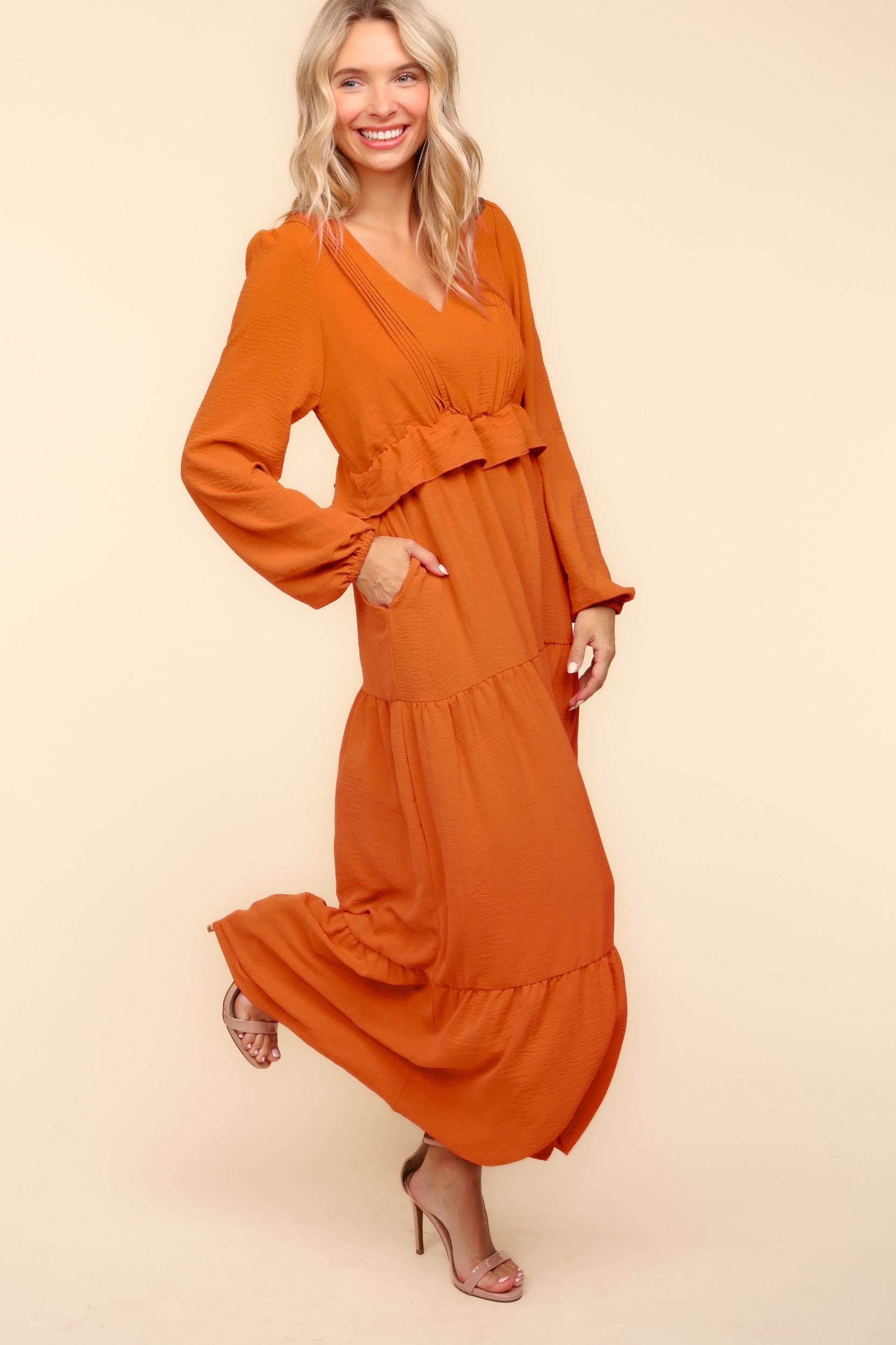Rust Printed Smocked V-Neck Dress main image 0