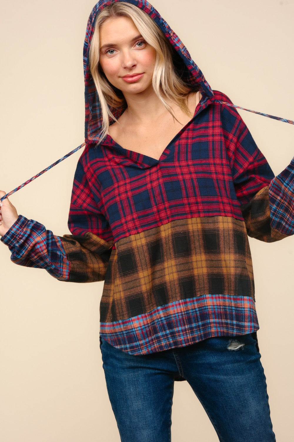 Plus Plaid Checker Print Cardigan with Hoodie main image 0