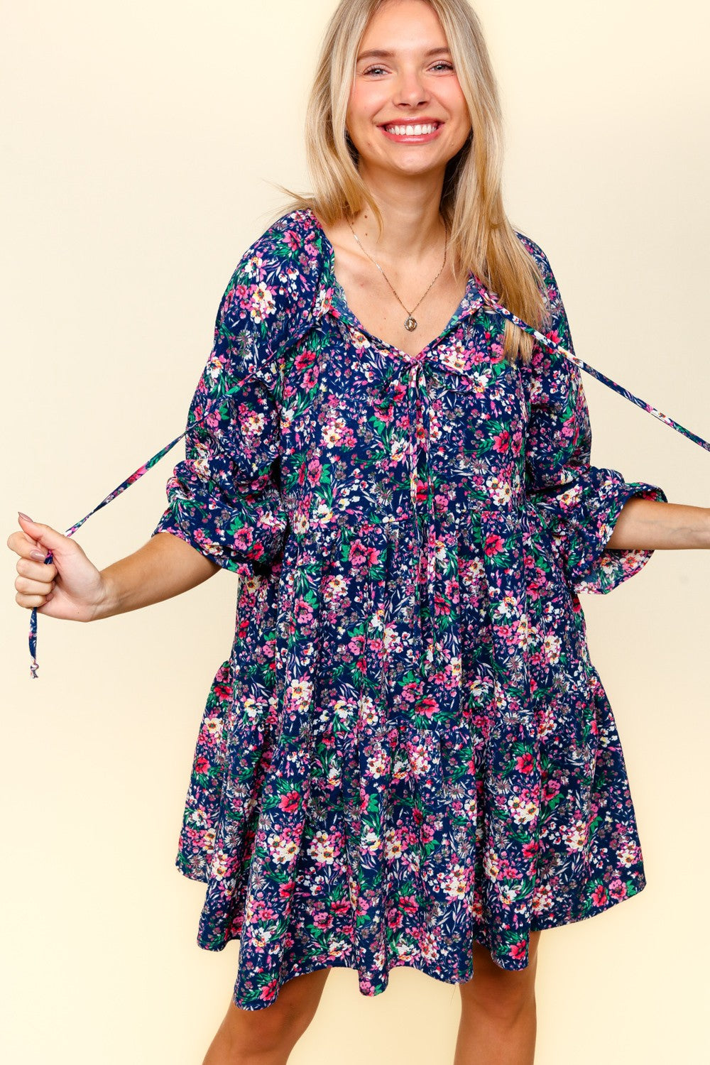 Bow Tied Notch Neck Babydoll with Side Pocket
