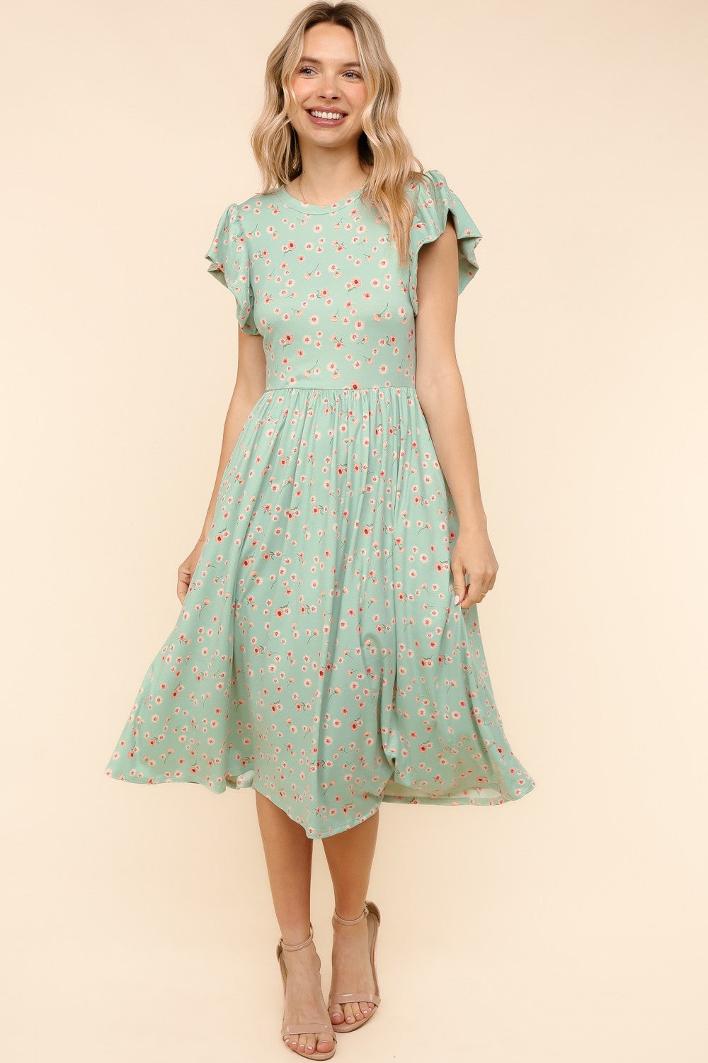 Sage Midi Spring Dress W/Folded Ruffle Short Sleeve