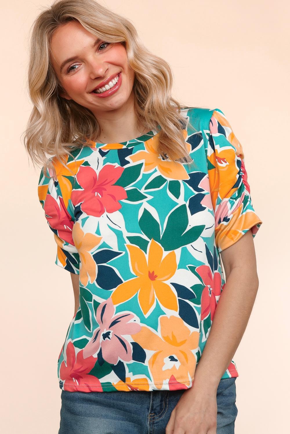 Teal ruffle sleeve top main image 1