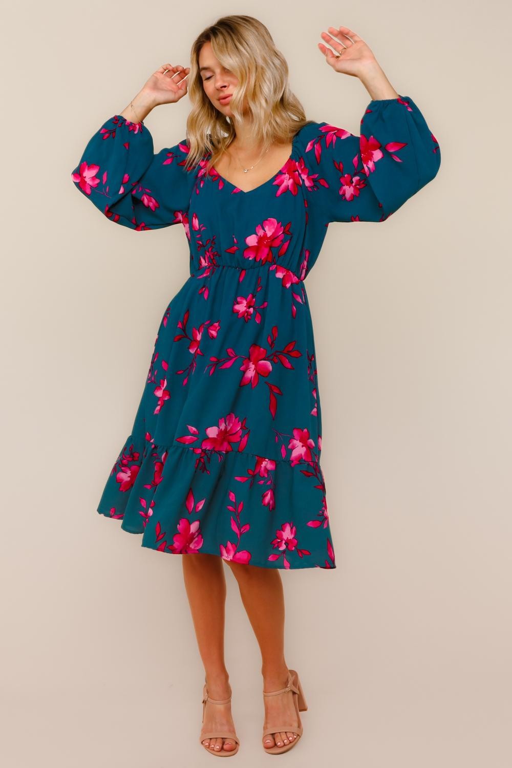 Empire Waist Midi Dress with Side Pockets