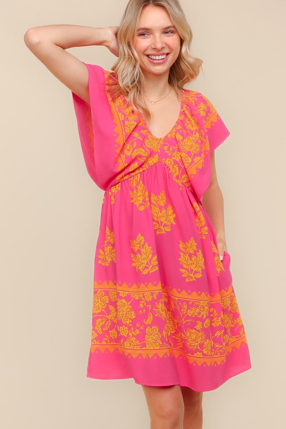 Plus Fuchsia Fit and Flare Midi Dress W/Flutter Sleeves
