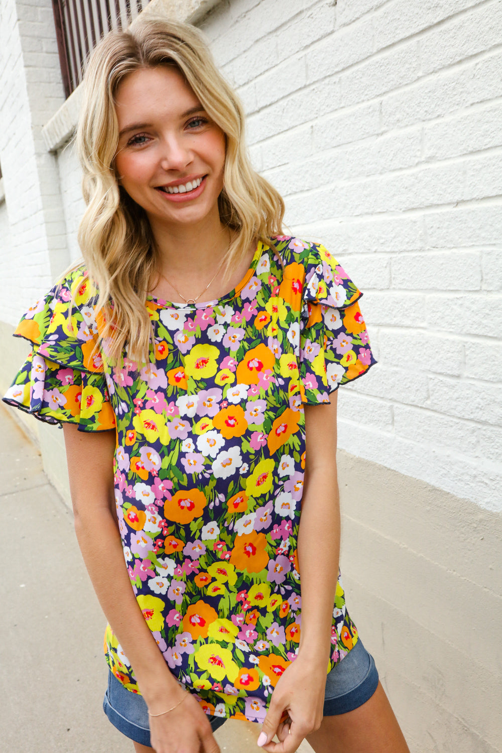 Cotton-slub Double Ruffle Tiered Sleeves Top