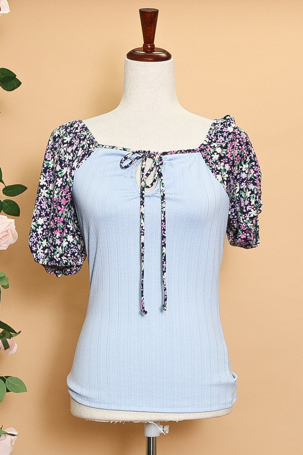 Blue Floral Print Sleeveless Peplum Top With Bubble Hem
