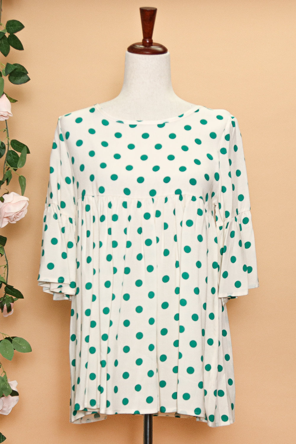 Green Floral Print Striped Trim Puff Sleeve Babydoll Blouse