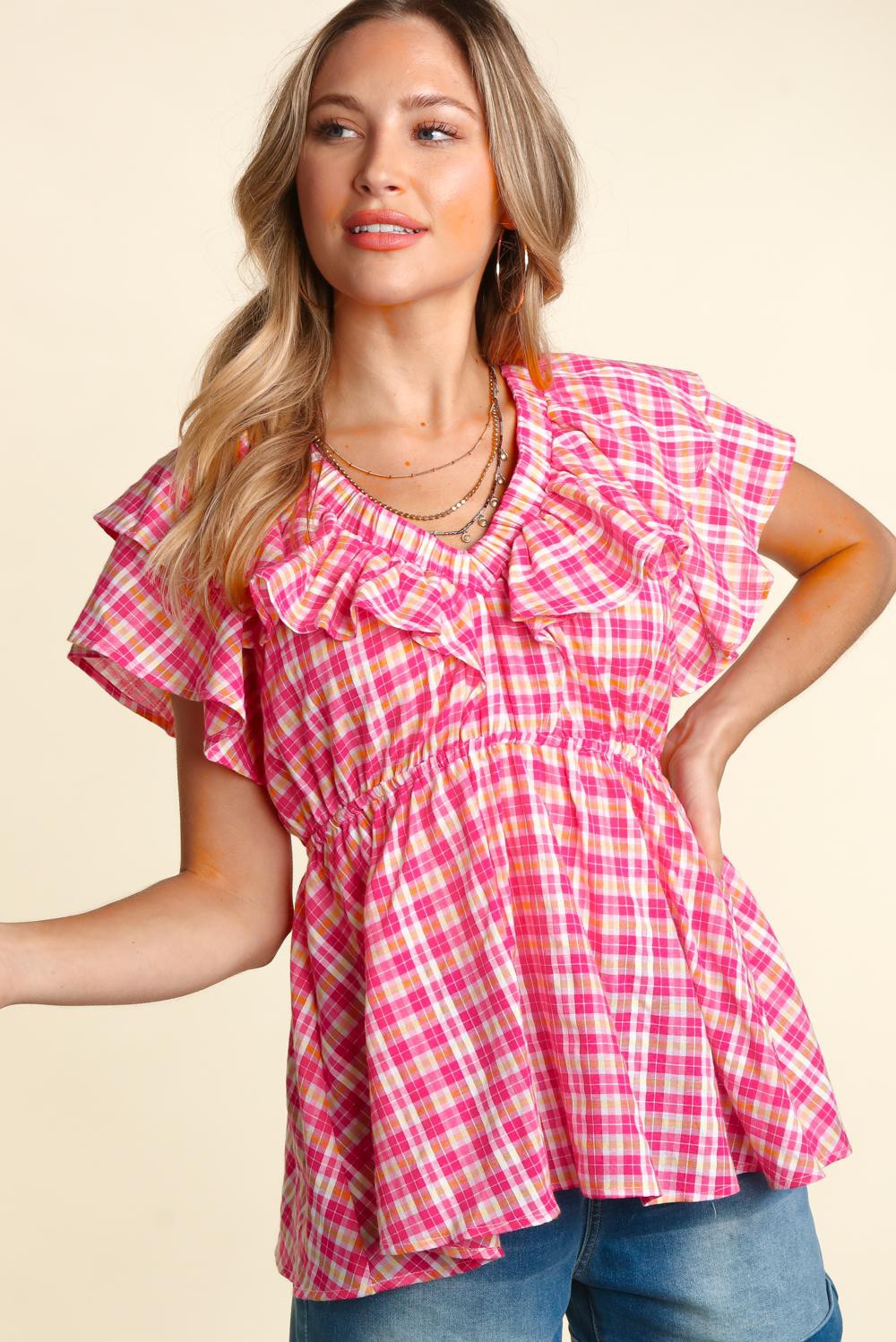 Threaded Pear Metallic Frilled V Neck Puff Sleeve Babydoll Blouse