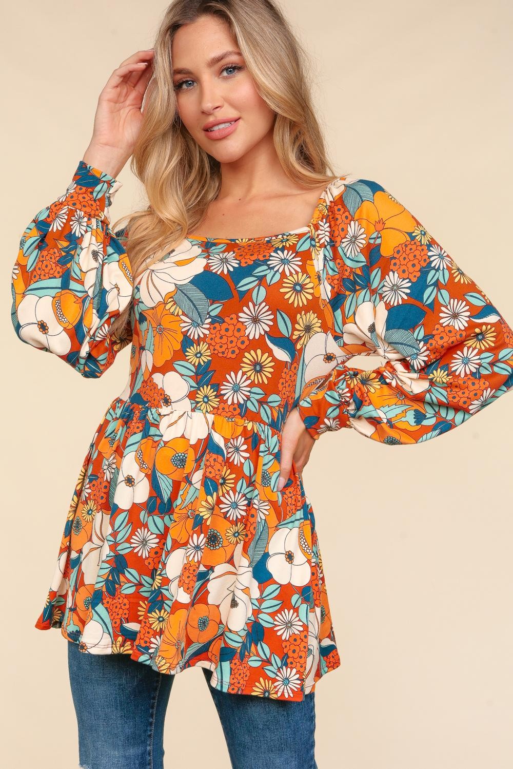 Babyhug Woven Full Peasant Sleeves Top With Floral Print & Frill Detailing - Blue main image 1
