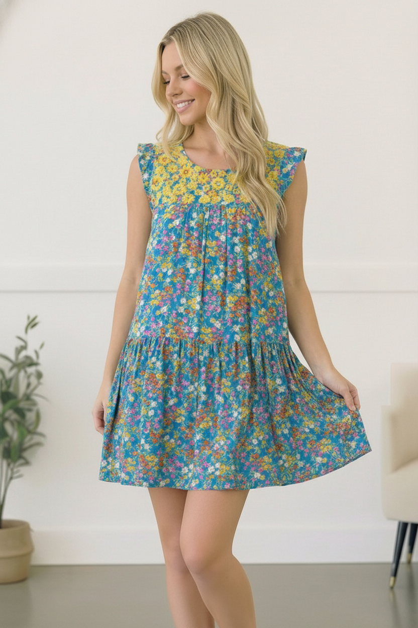Blue Floral Embroidered Dress