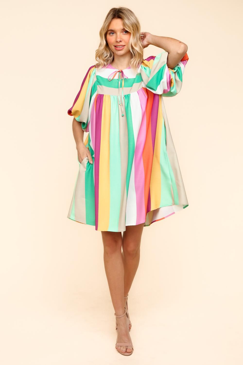 Babyhug 100% Cotton Printed Stripe Poplin Dress With Yoke Embroidery - Red