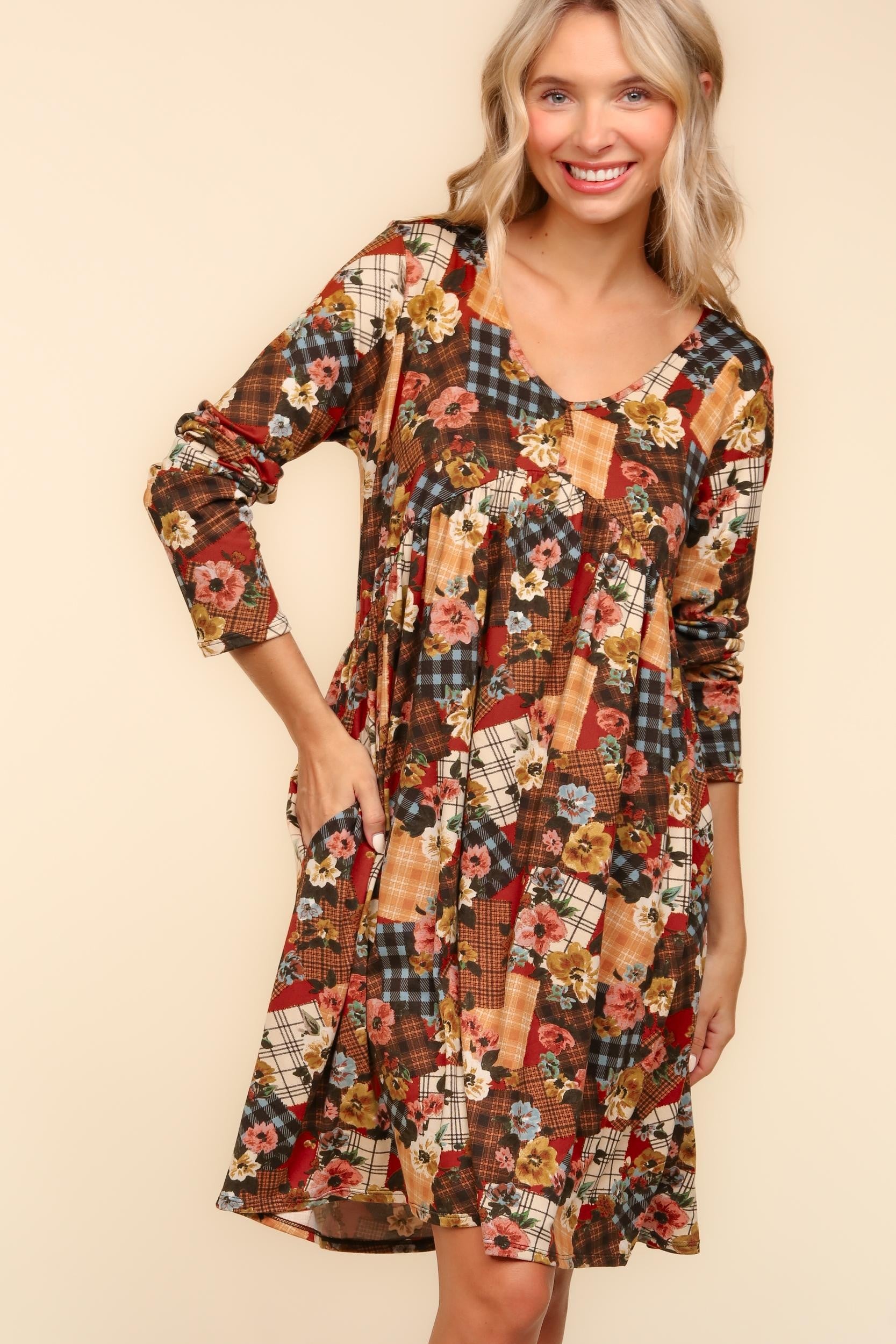 Full Size Babydoll Floral Patchwork Dress with Side Pockets main image 0