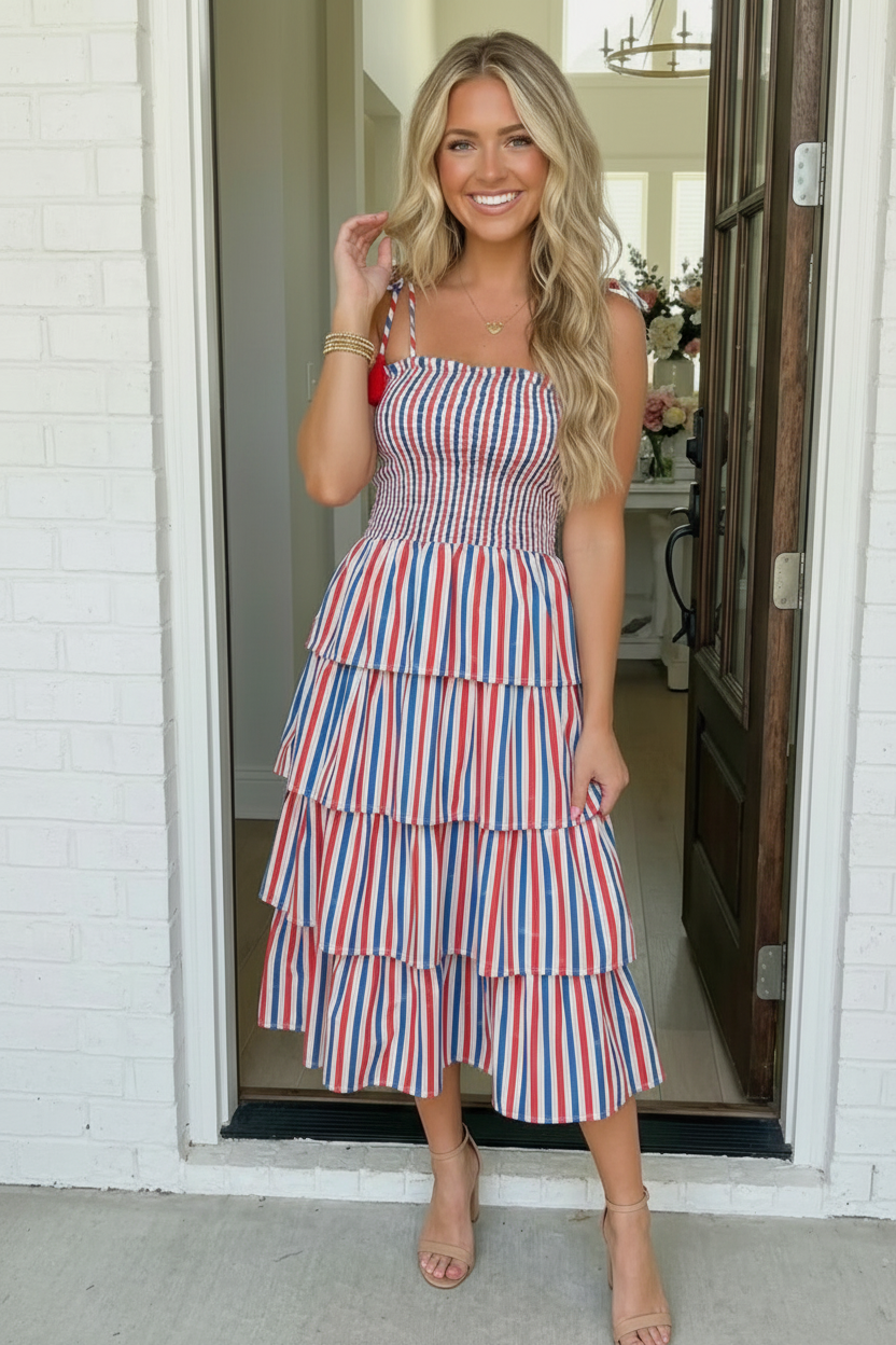 Plus Red White and Blue Striped Tiered Smocked Midi Dress