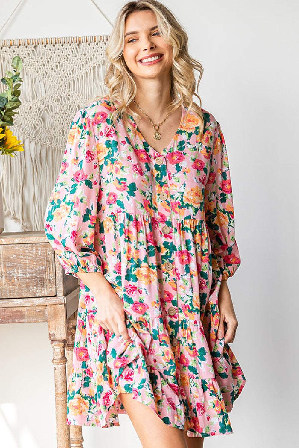 Bronze Gridsong Checkered Pleated Pintuck Button Down Dress