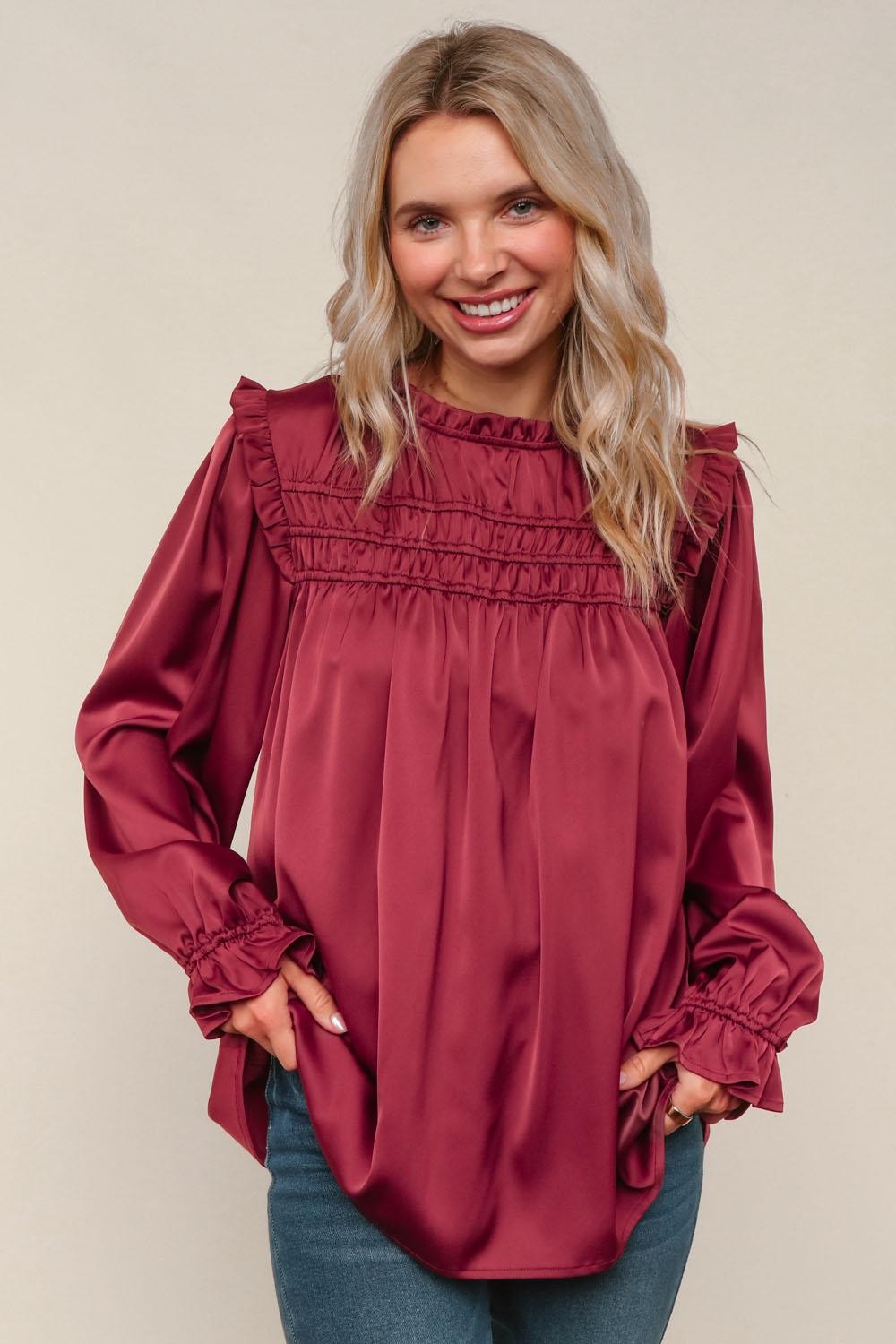 BURGUNDY FRILLED MOCK NECK SOLID SATIN WOVEN BLOUSE burgundy-frilled-mock-neck-solid-satin-woven-blouse