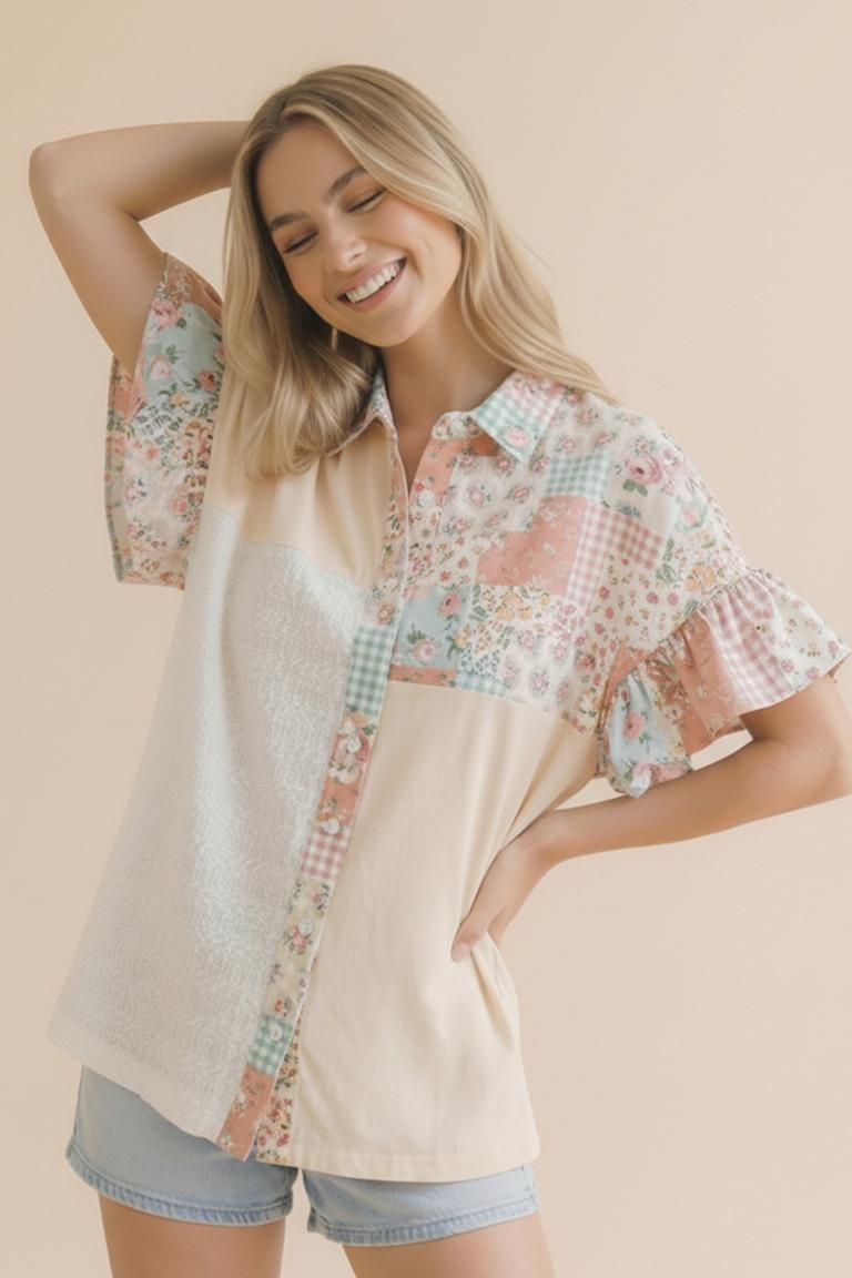 BUTTON DOWN FLORAL, SOLID WOVEN COLORBLOCK BLOUSE