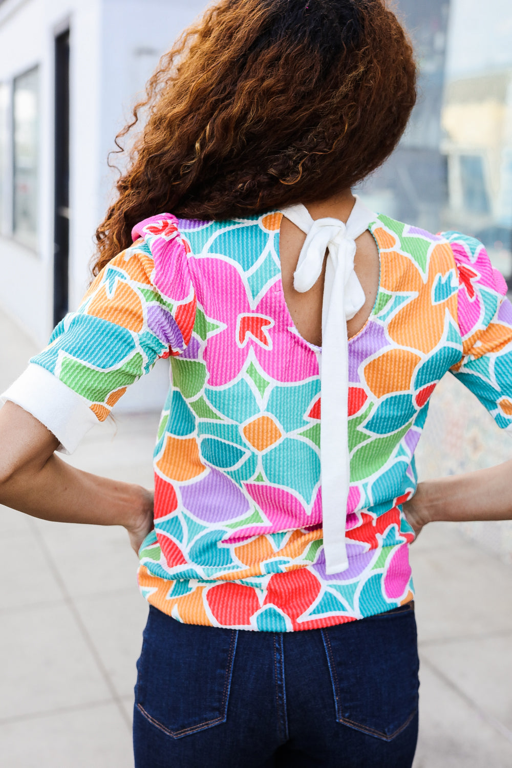 Spring Vibes Multicolor floral Rib Back Bow Tie Detail Top (Open Pack)