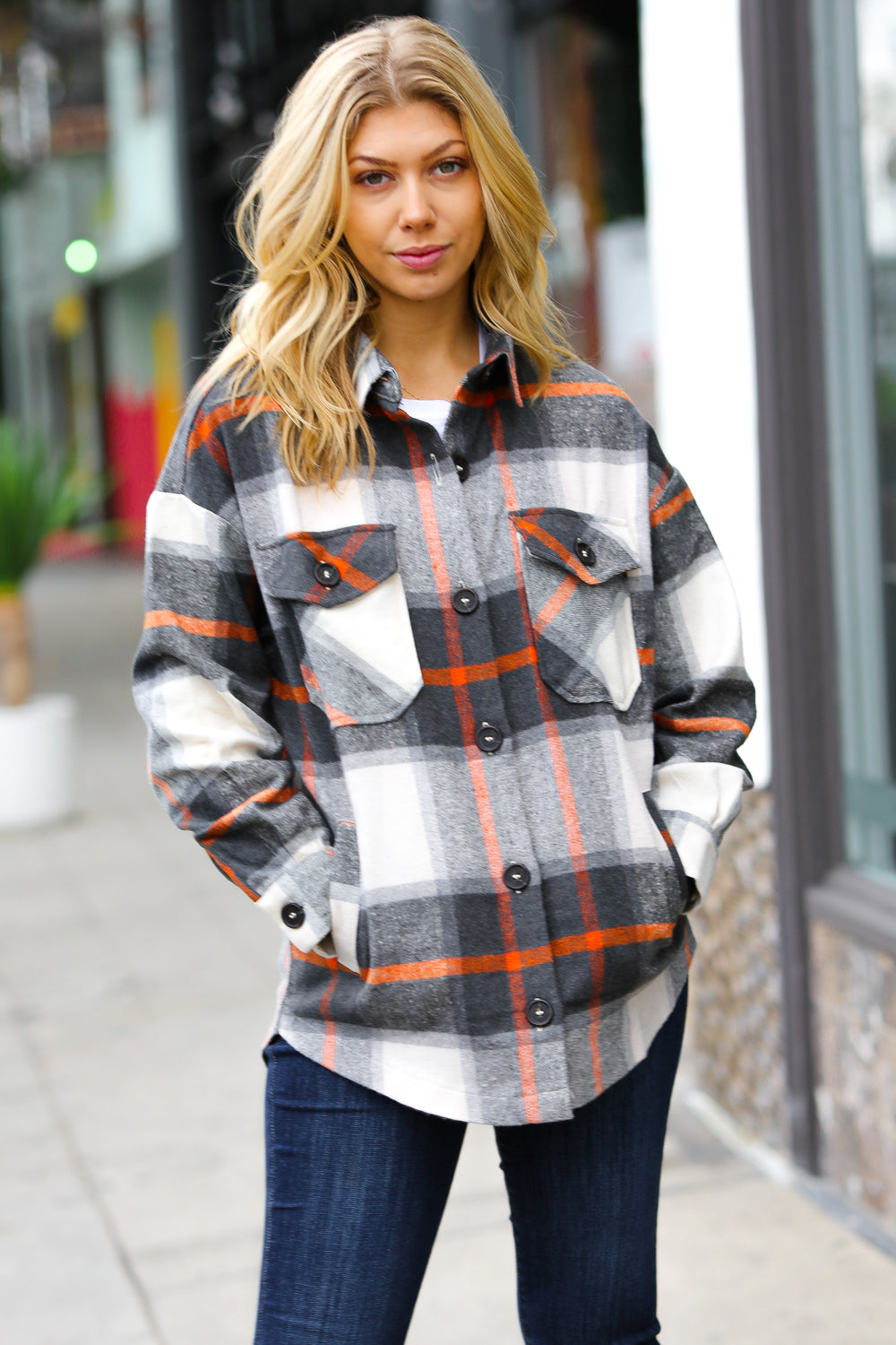 Charcoal & Rust Plaid Flannel Button Down Oversized Jacket (Open Pack)