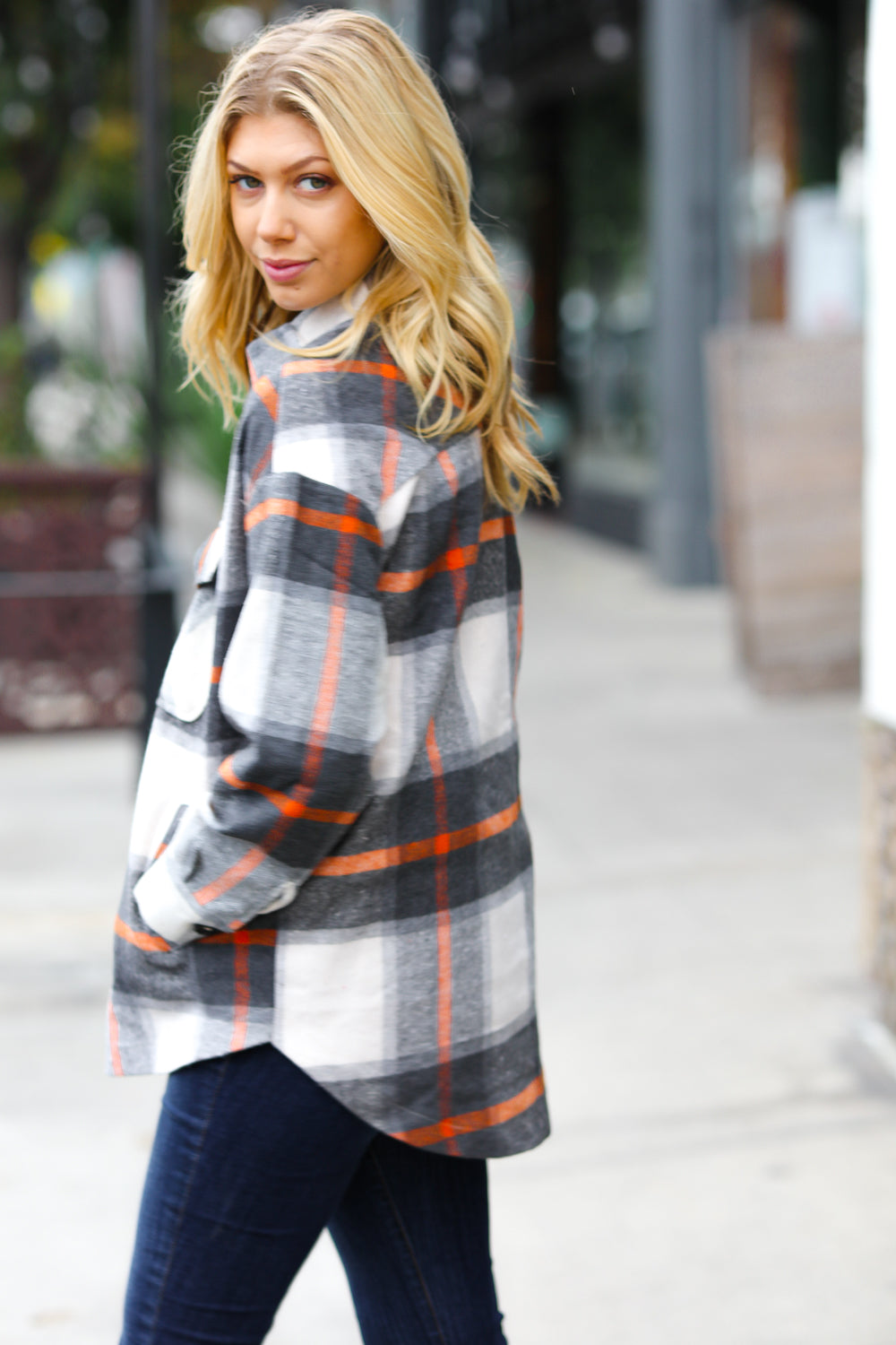 Charcoal & Rust Plaid Flannel Button Down Oversized Jacket (Open Pack)