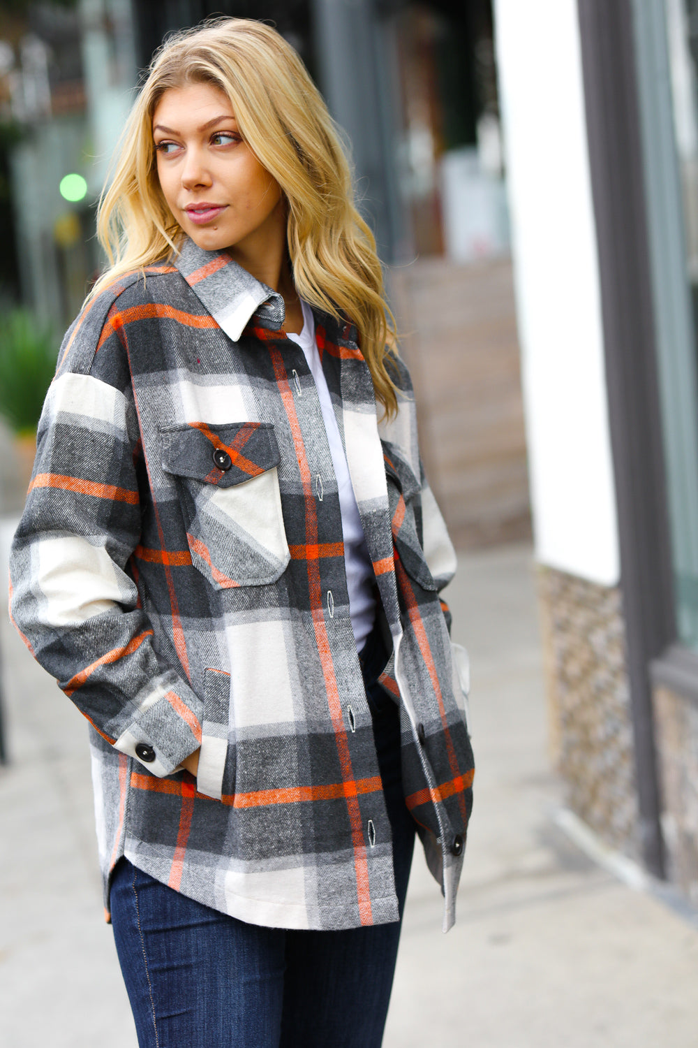 Charcoal & Rust Plaid Flannel Button Down Oversized Jacket (Open Pack)