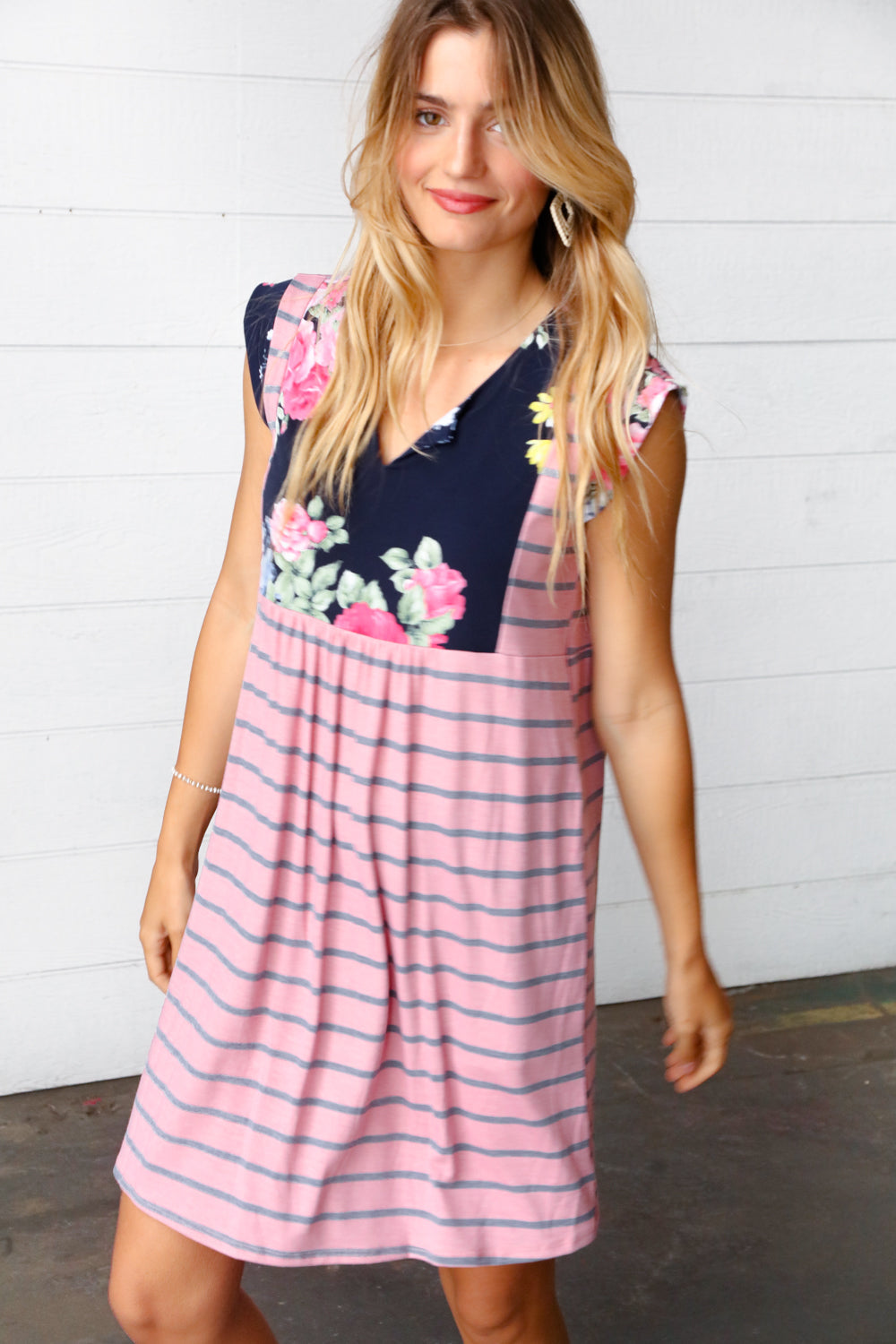 striped embroidered dress Pink Floral & Striped Yoke Babydoll Dress (Open Pack)