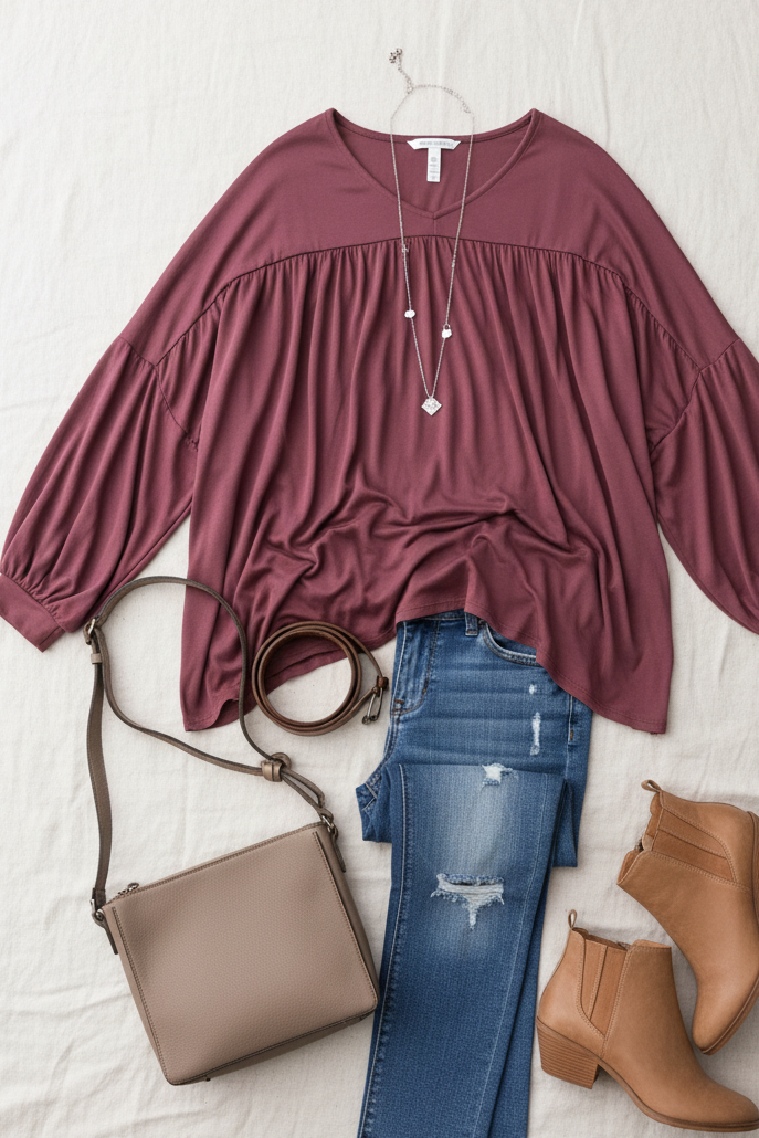 Casual Chic Wine V Neck Yoke Modal Knit Oversized Top (Open Pack)