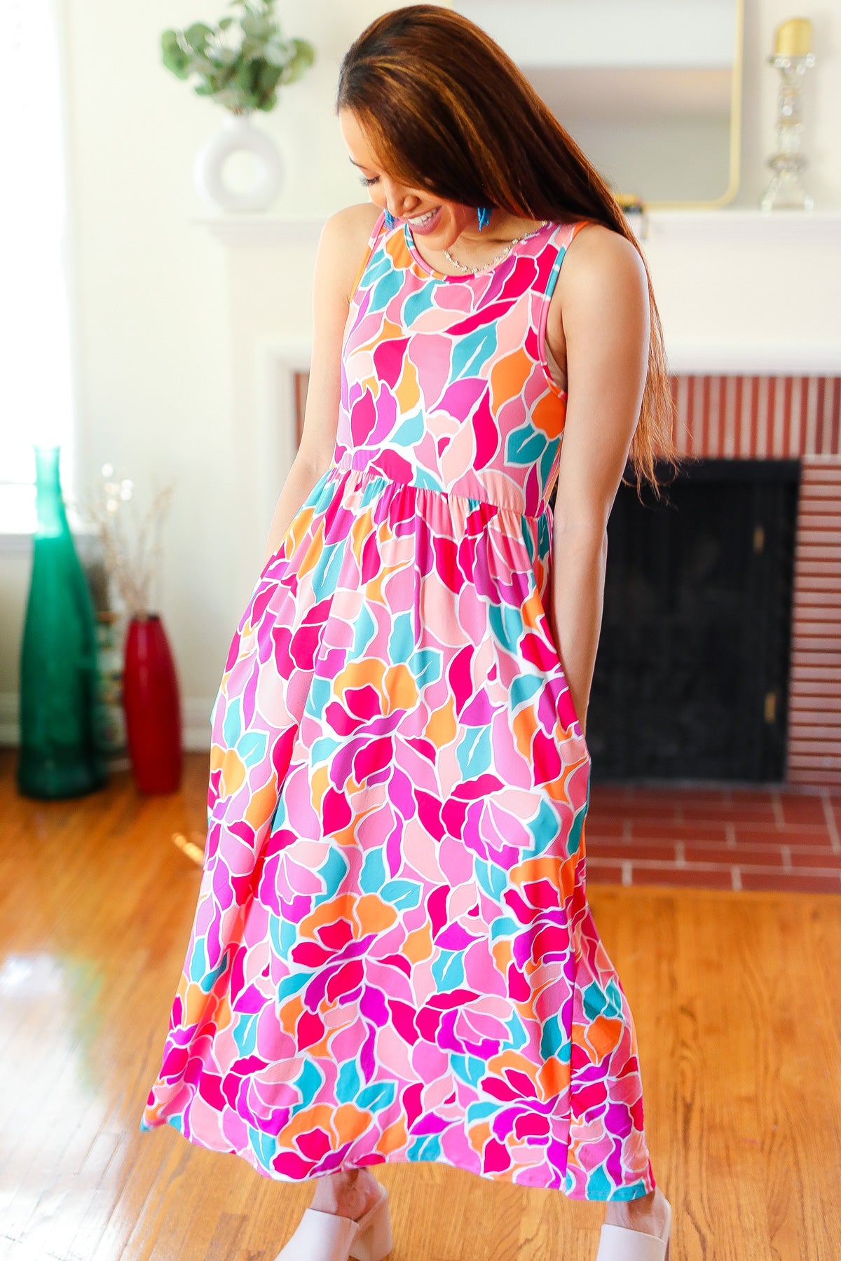 Hello 3719 Hello Beautiful Fuchsia Abstract Floral Fit & Flare Maxi Dress (Open P