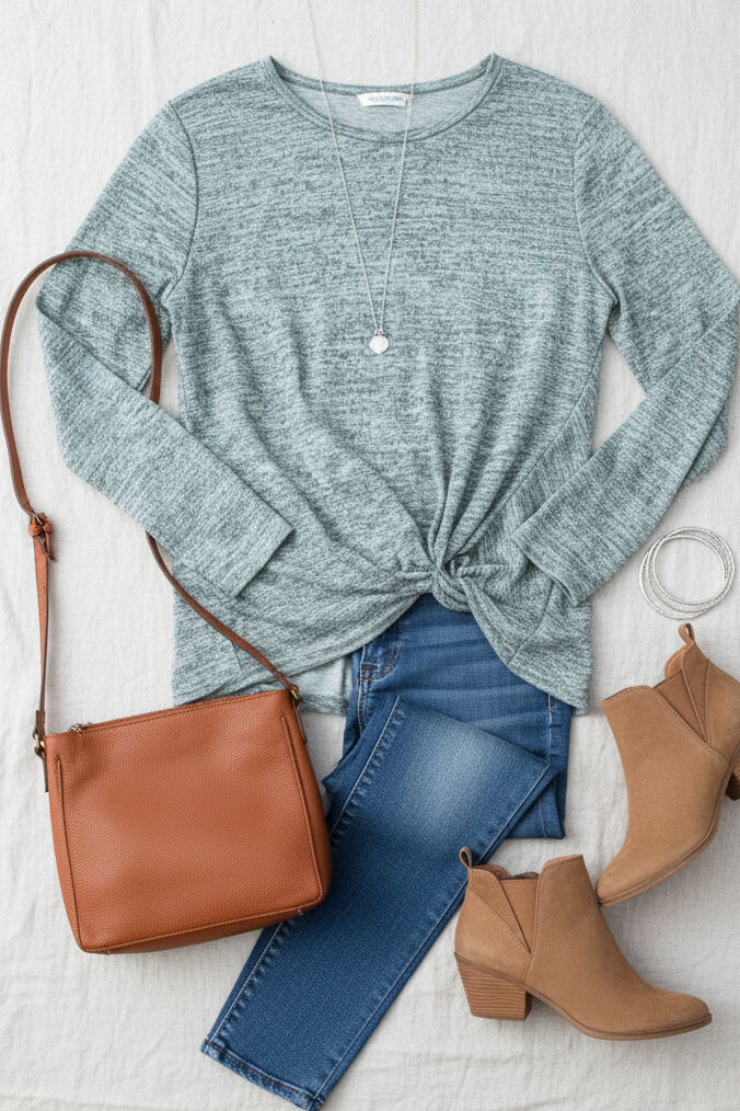 Weekend Ready Green Two-Tone Front Knot Pullover (Open Pack)