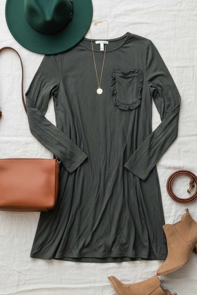 Olive Pocketed Solid Dress
