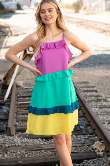 Fuchsia Shoulder Strap Color Block Tiered Ruffle Dress (Open Pack)