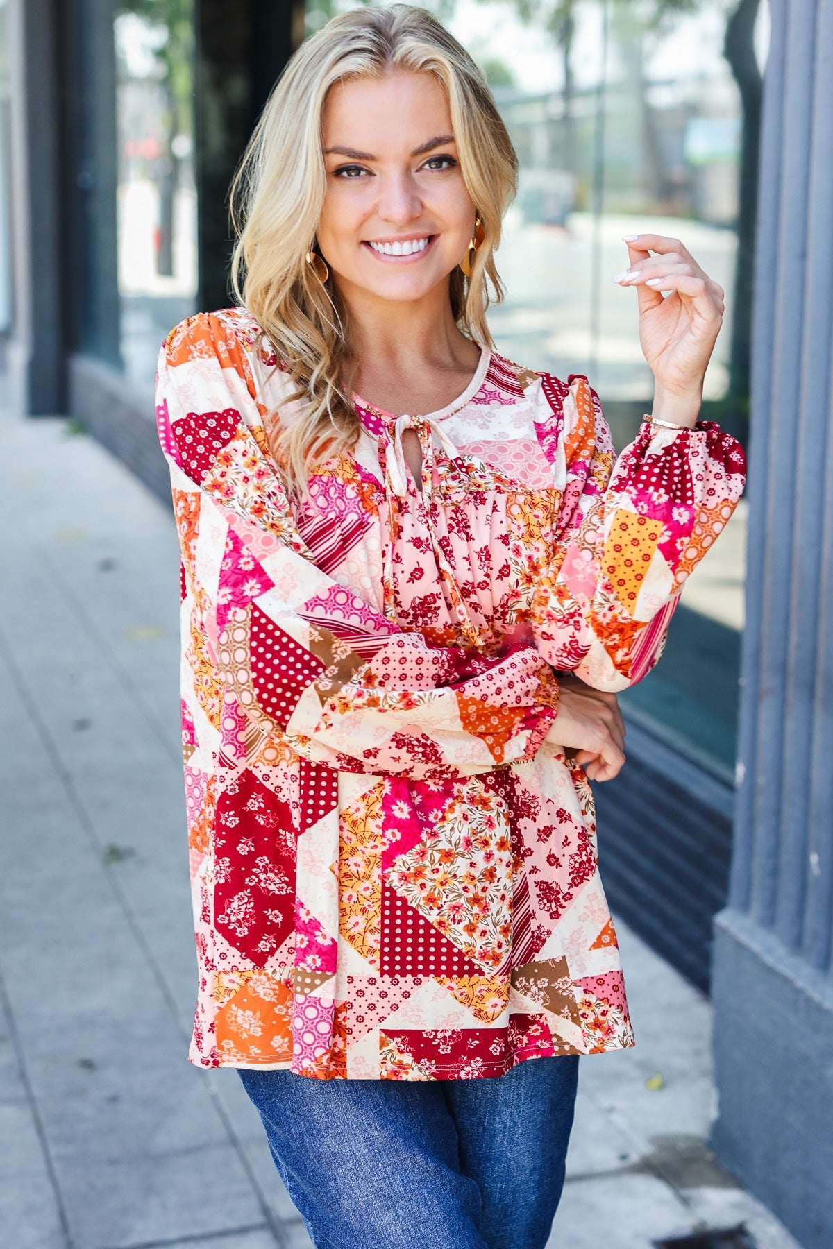 Rust & Magenta Patchwork Print Front Tie Boho Top (Open Pack)