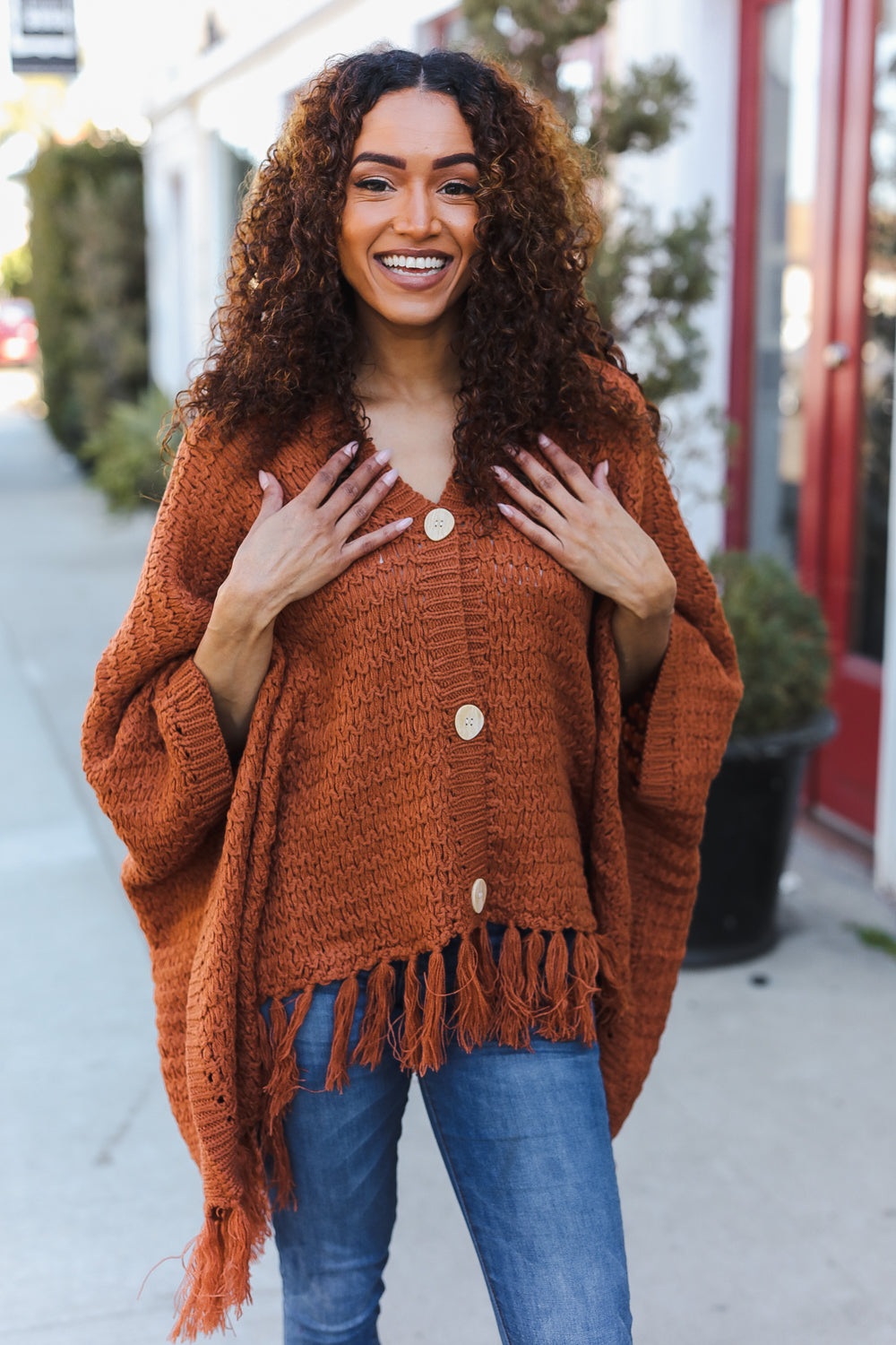 Rust Poncho Style Thick Sweater
