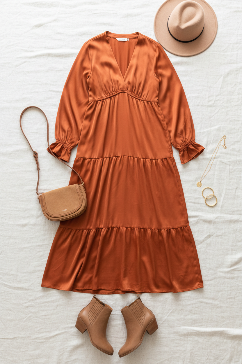 Elegant Rust Elastic V Neck Tiered Satin Maxi Dress (Open Pack)