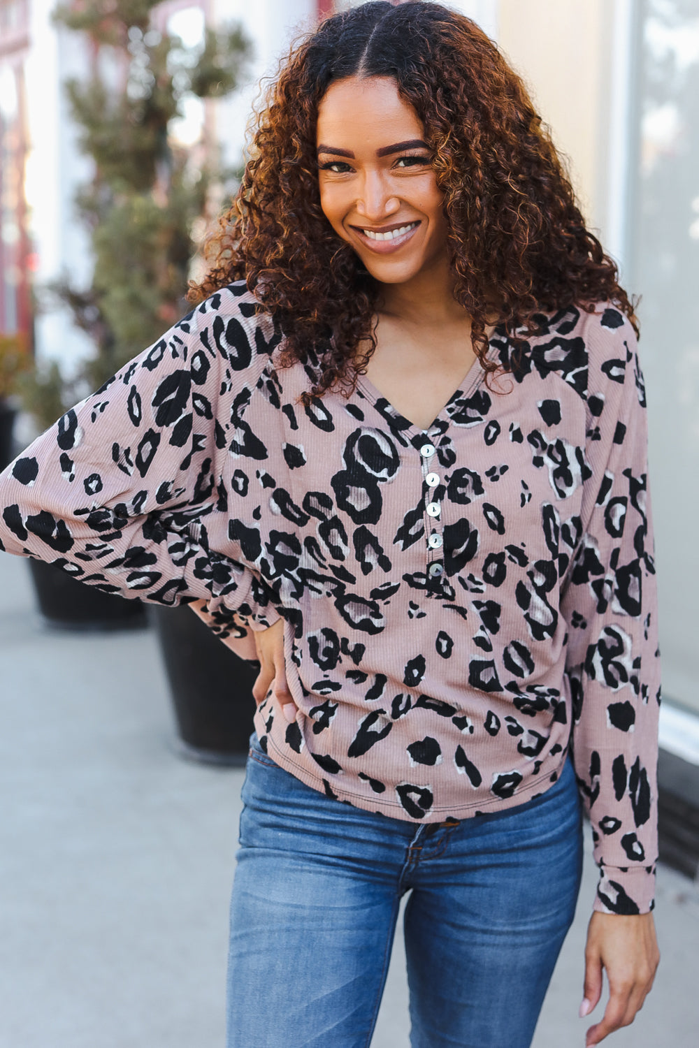Be Bold Beige Rib Animal Print Button Placard Dolman Pullover (Open Pa