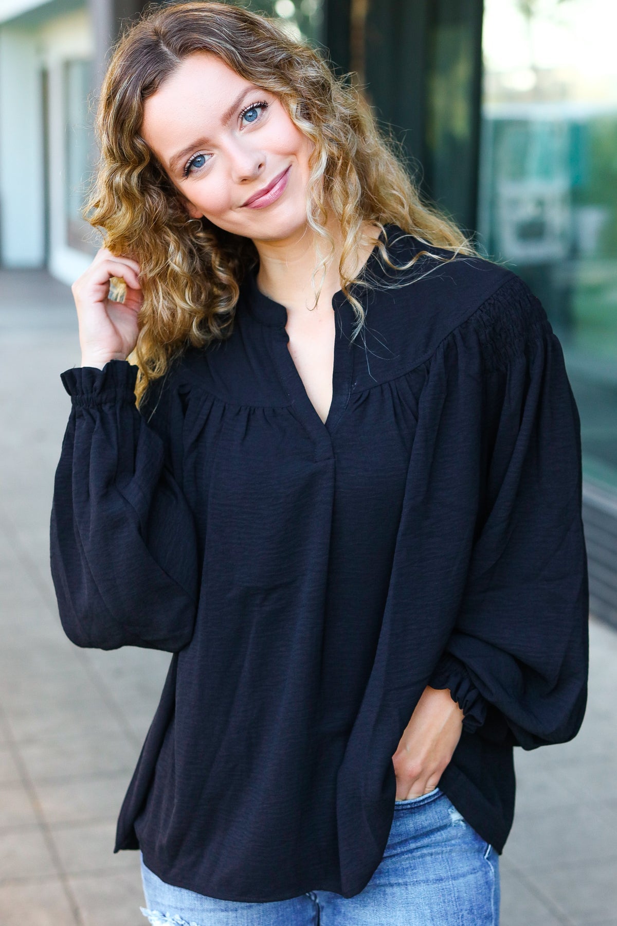 Boho Vibes Black Notched Neck Smocked Bubble Sleeve Top (Open Pack)