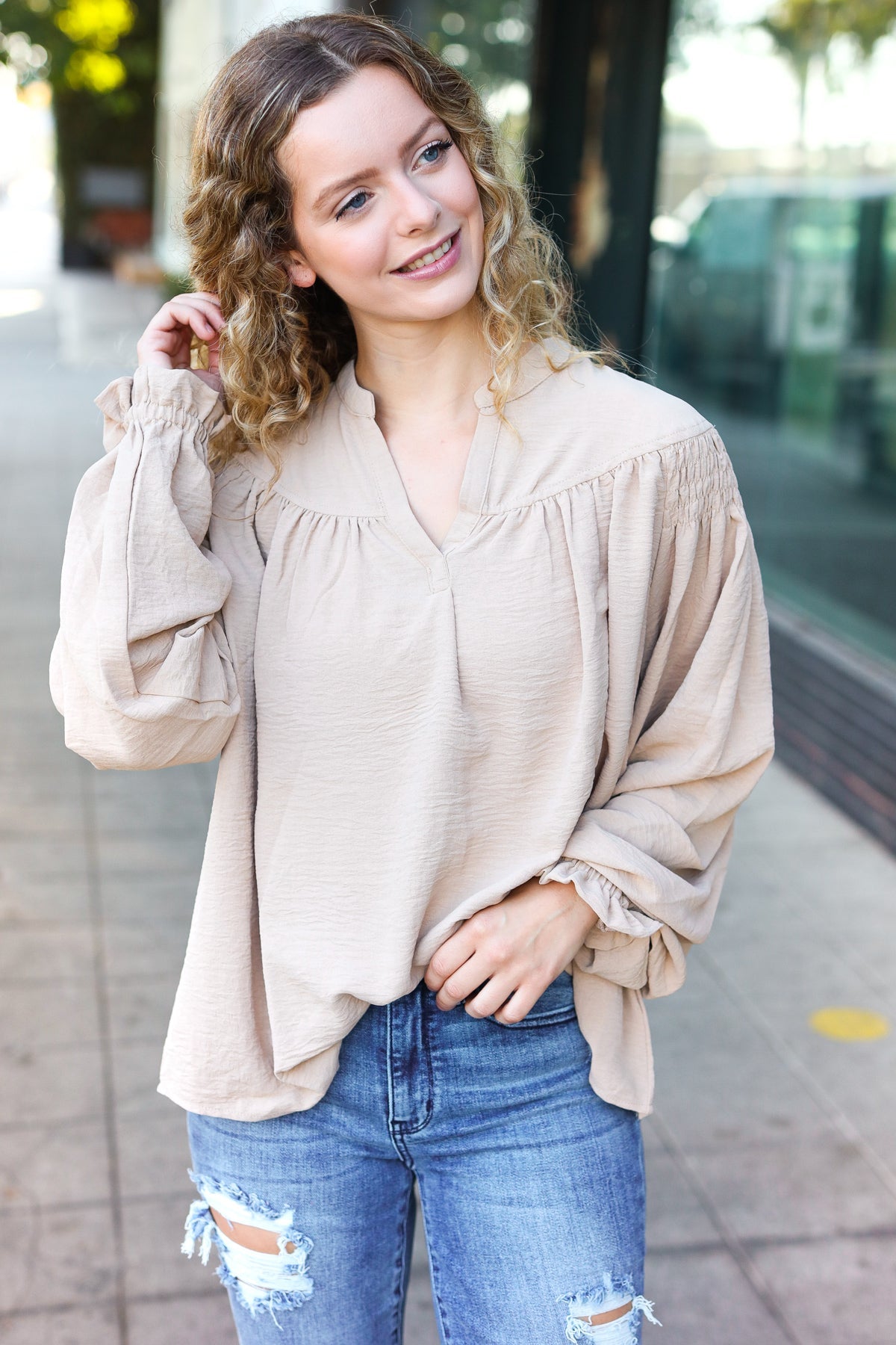 Boho Vibes Taupe Notched Neck Smocked Bubble Sleeve Top (Open Pack)