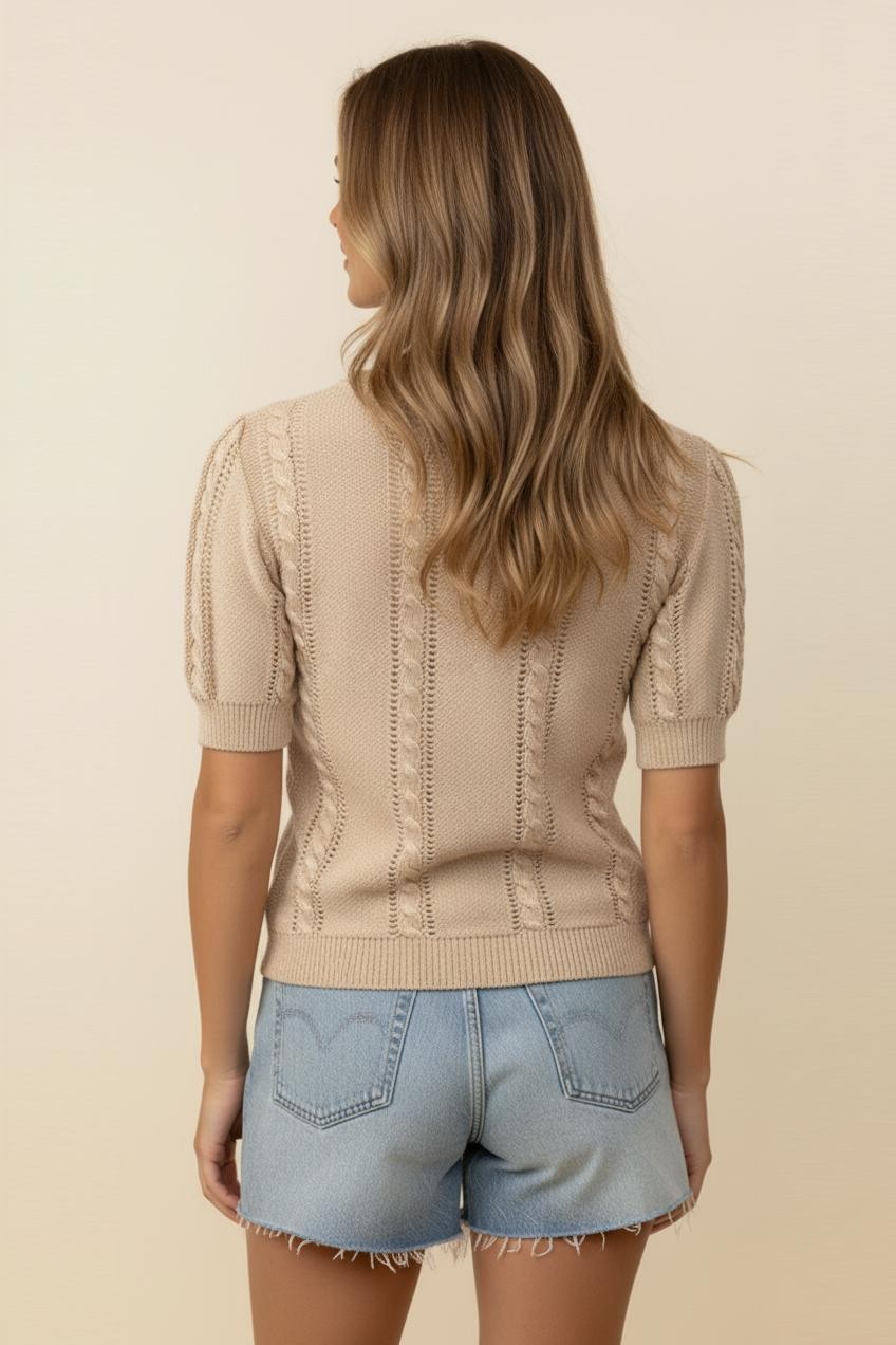 CABLE EMBROIDERY FLORAL SWEATER TOP