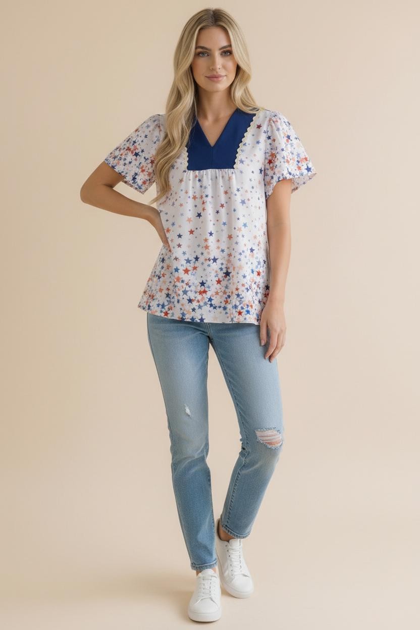 Plus Navy and Star Print Short Sleeve Babydoll Top