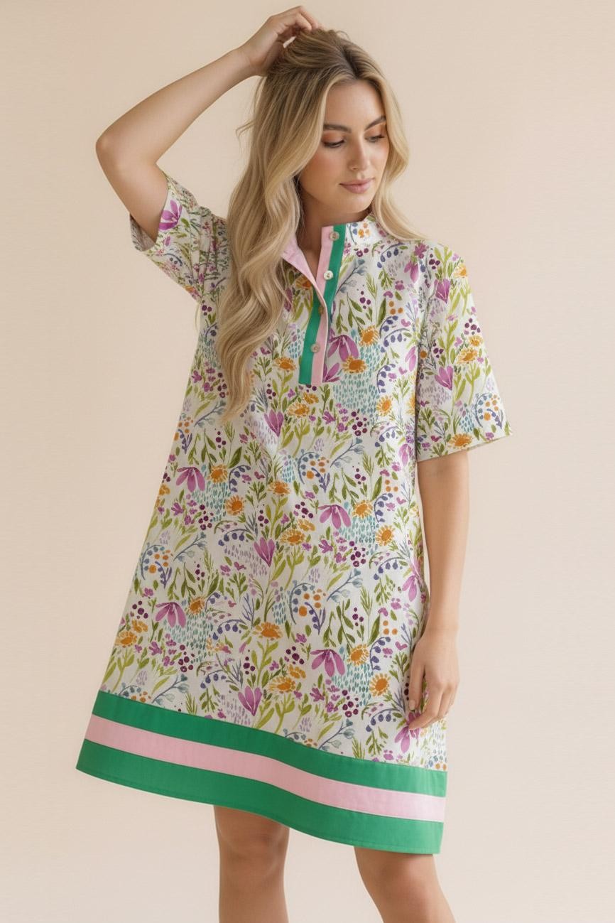 HALF BAND BUTTON DOWN FLORAL PRINT DRESS