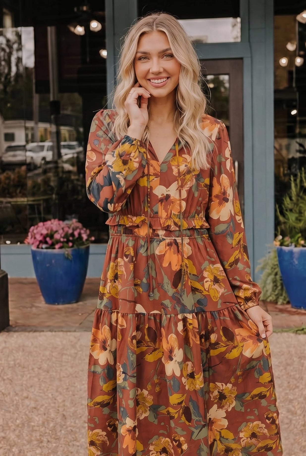 Rust Floral Long Sleeve Tiered Midi Dress