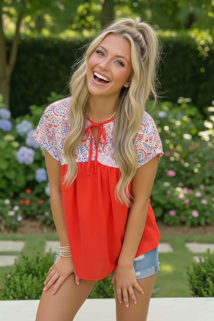 Red Boho Print Tie Neck Dolman Top (Open Pack)