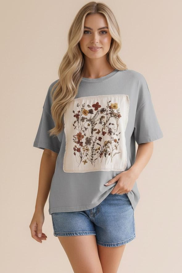 Plus Grey DROP SHOULDER OVERSIZED FLORAL PATCHWORK TOP