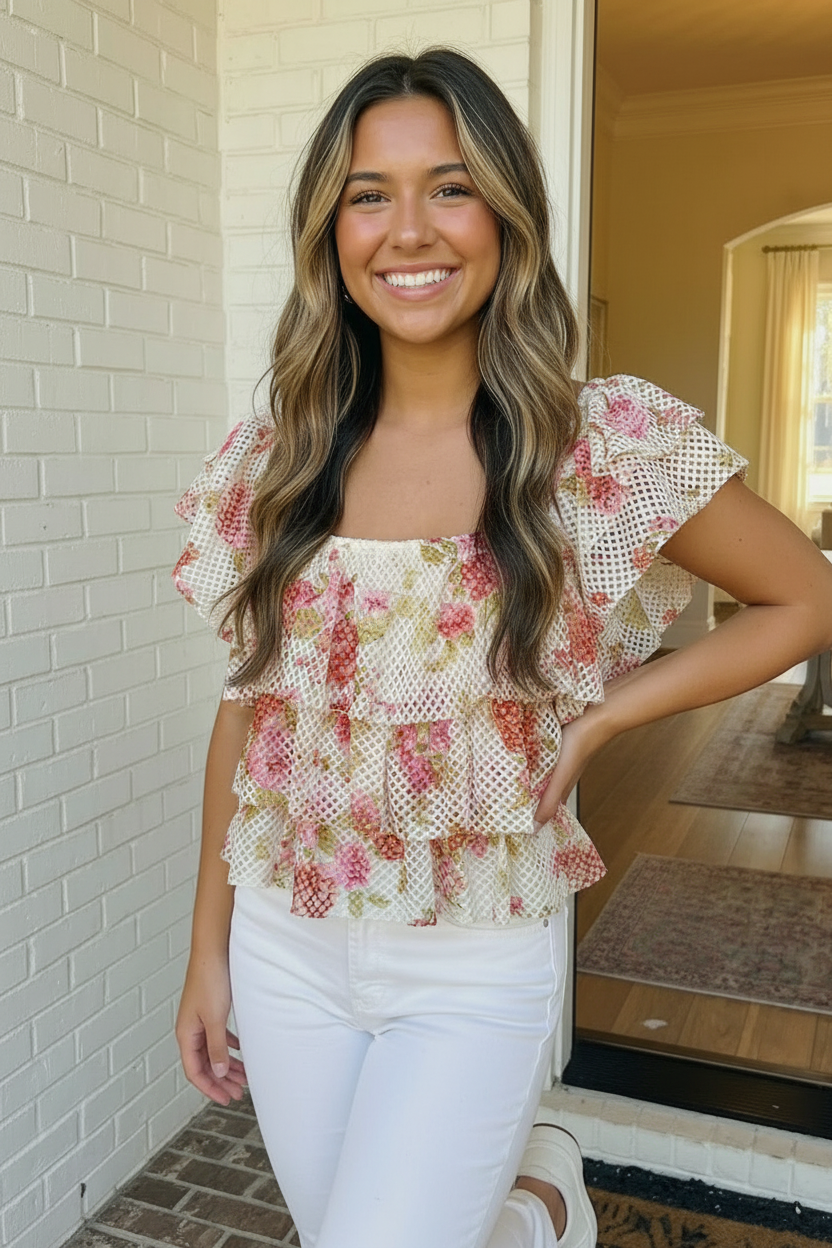 Floral Mesh Tiered Ruffle Crop Top