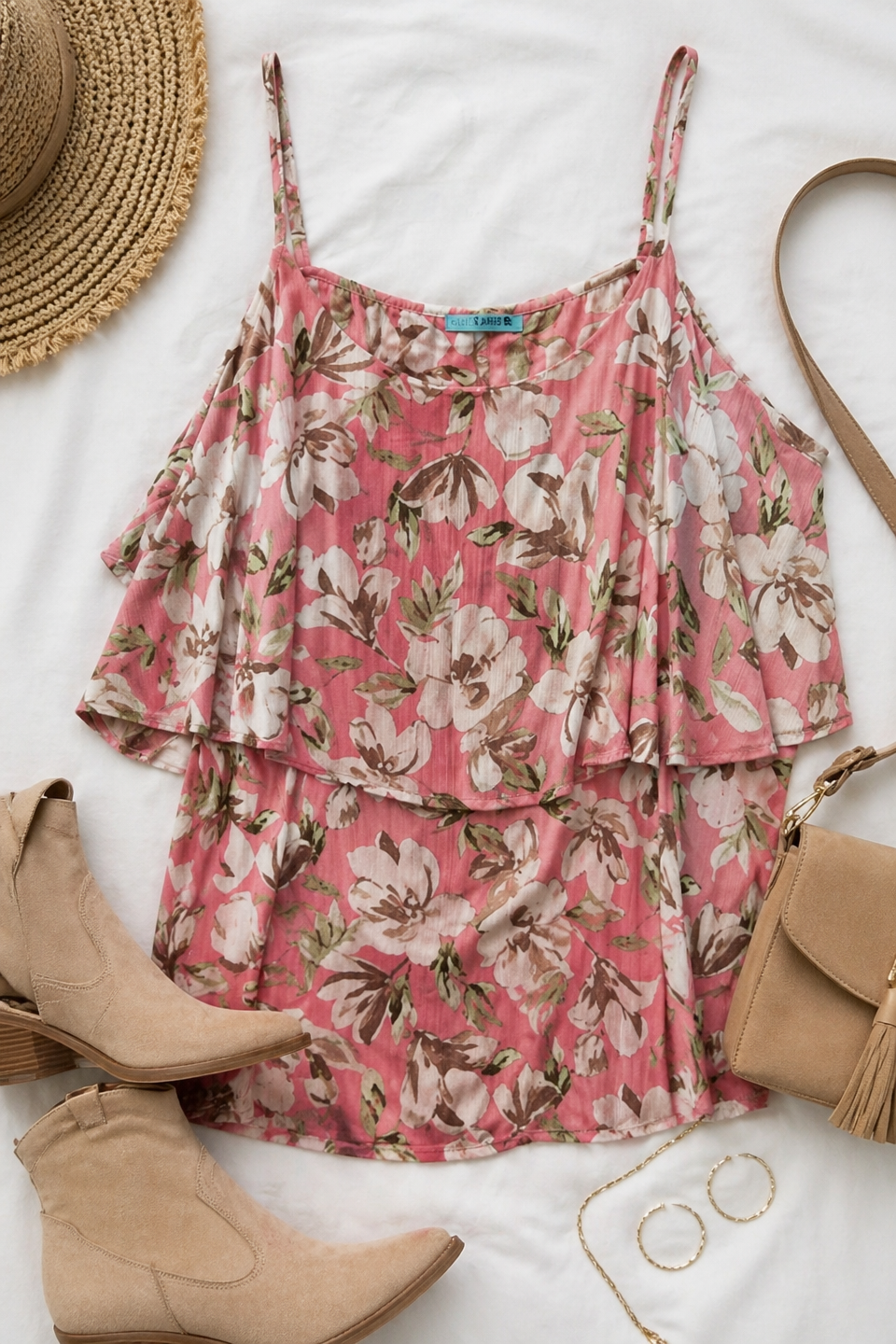 Plus Pink Floral Cold Shoulder Ruffle Cami Top