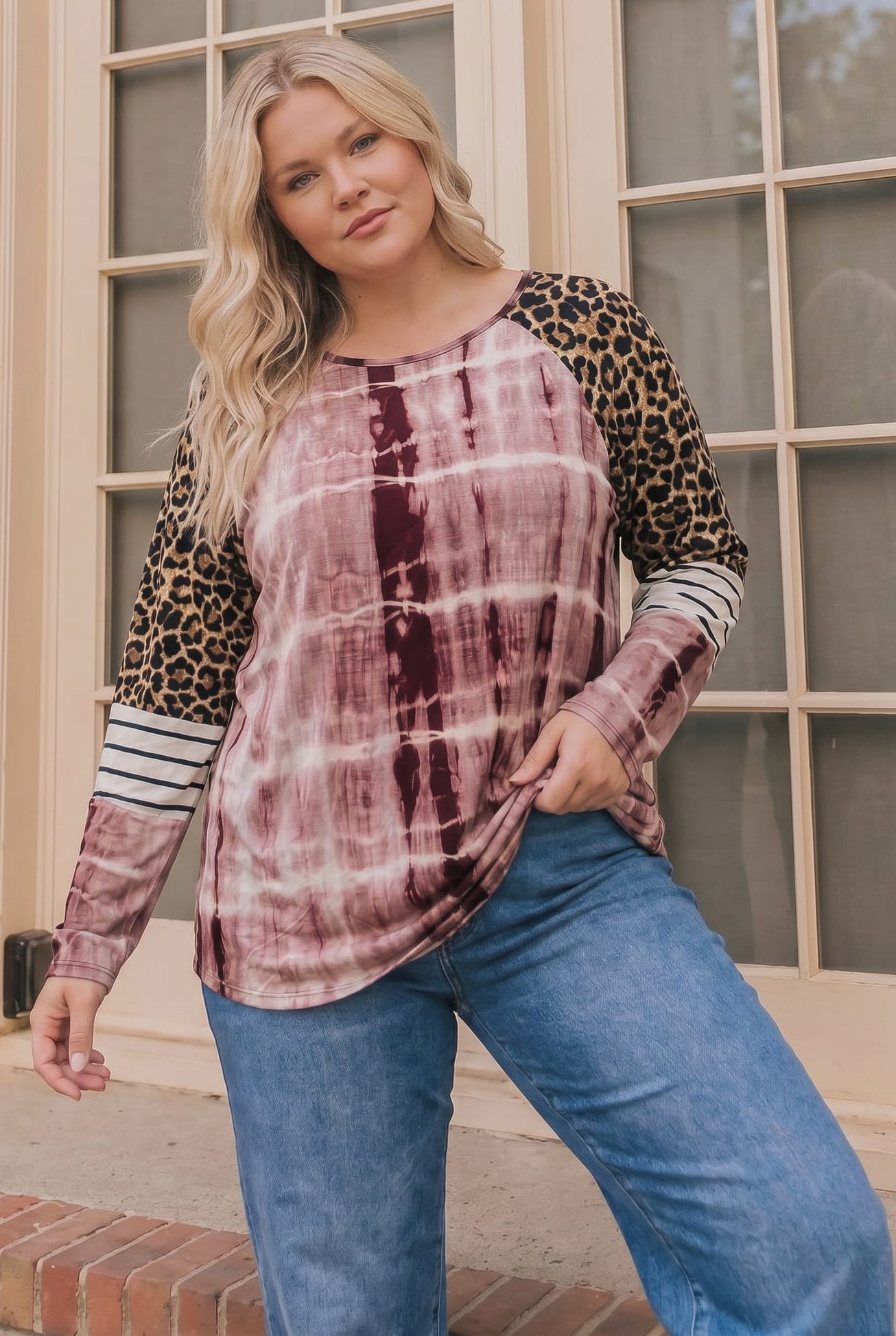 Plus Tie Dye Mixed Print Raglan Top