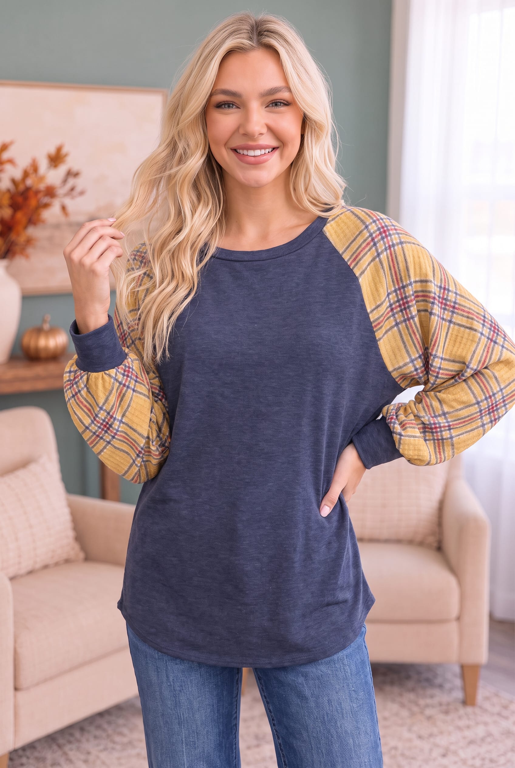 Navy & Mustard Plaid Sleeve Top