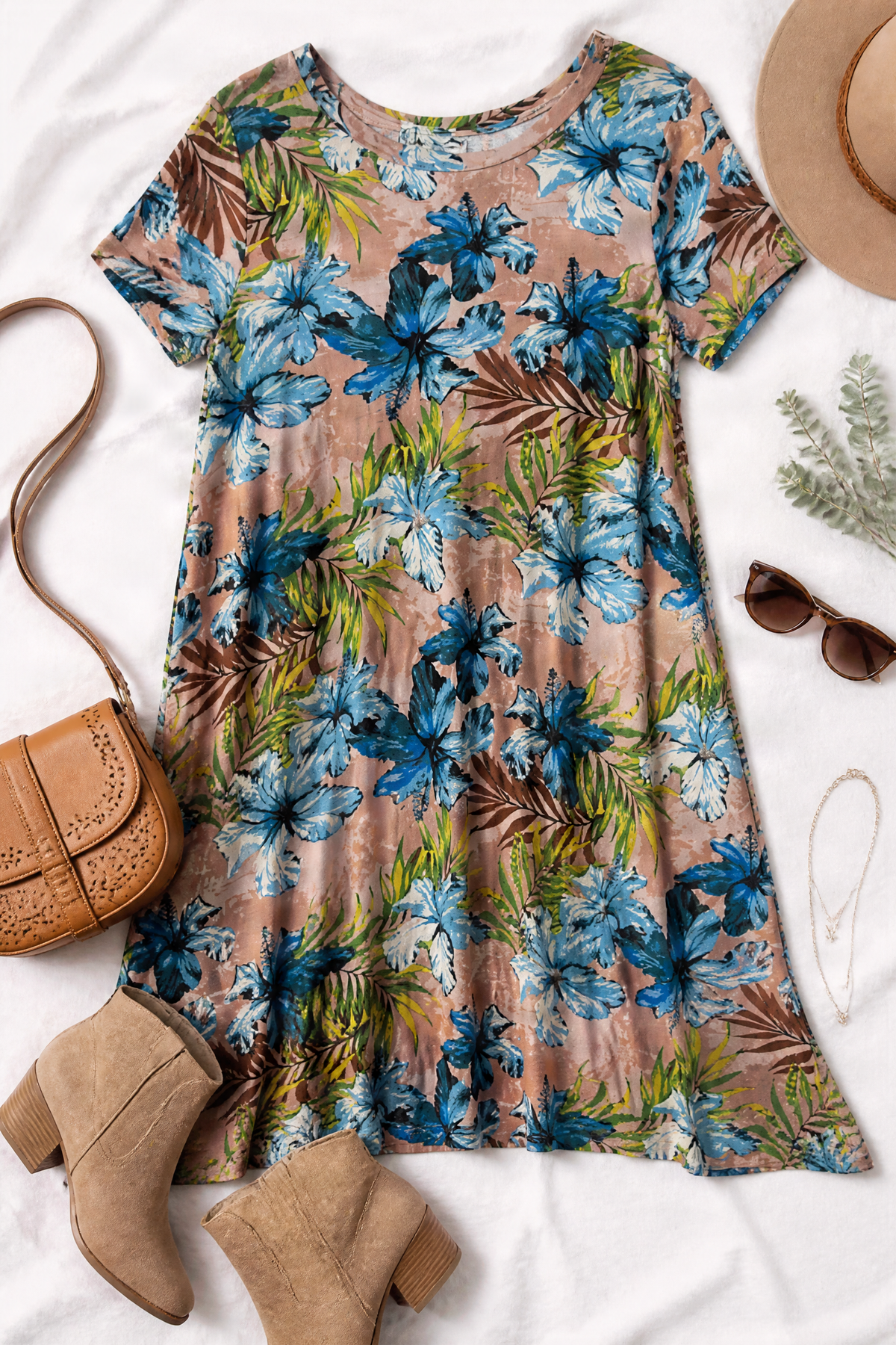 Tropical Floral Short Sleeve Swing Dress
