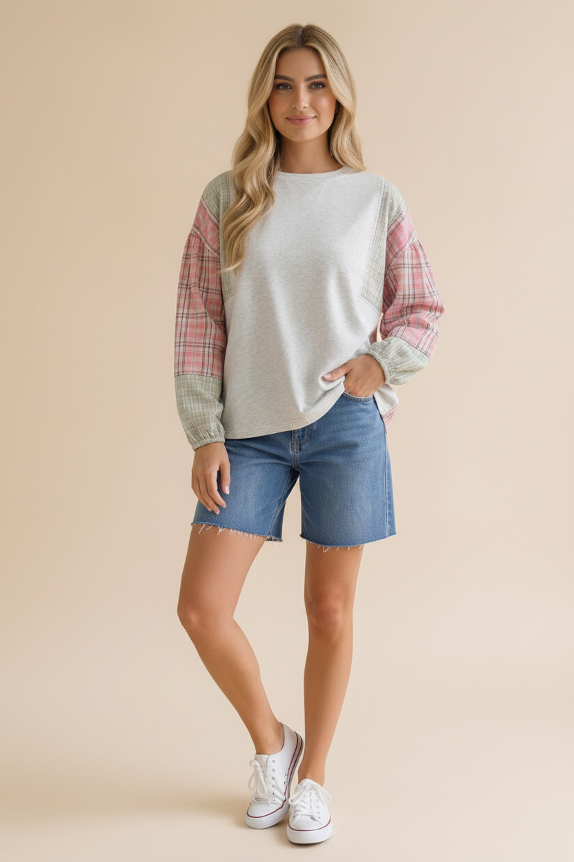 LIGHT GREY SOLID PULLOVER KNIT TOP W/ PLAID SLEEVES